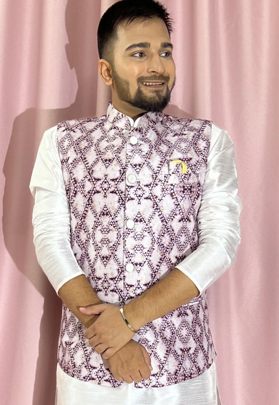 Digital Printed Art Silk Jacquard Nehru Jacket in Light Purple