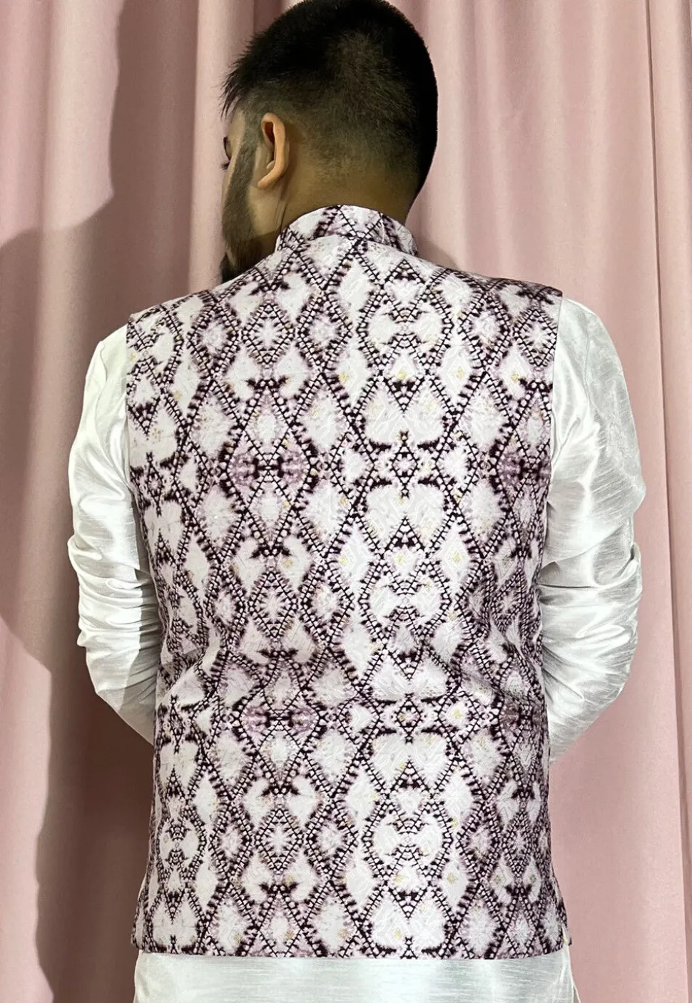 Digital Printed Art Silk Jacquard Nehru Jacket in Light Purple