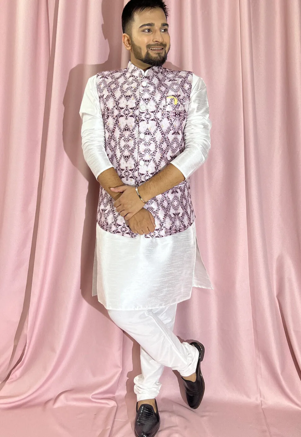 Digital Printed Art Silk Jacquard Nehru Jacket in Light Purple