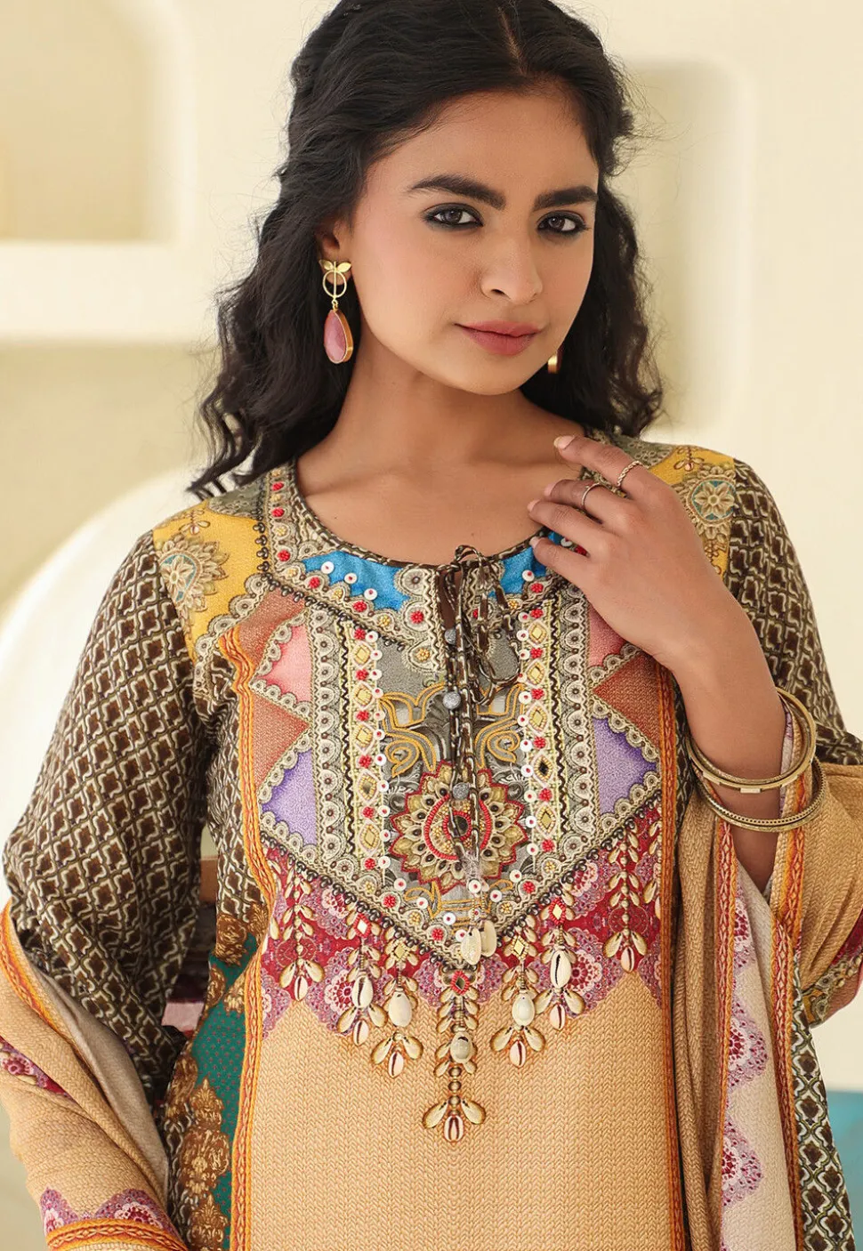 Digital Printed Art Silk Pakistani Suit in Beige