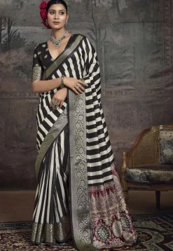 Digital Printed Art Silk Saree in Off White and Black