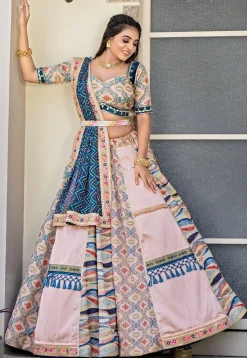 Digital Printed Art Silk Lehenga in Peach