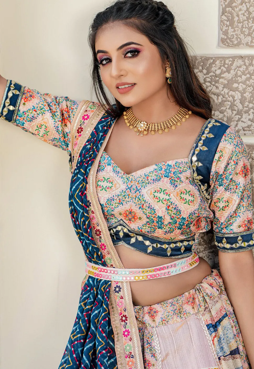 Digital Printed Art Silk Lehenga in Peach