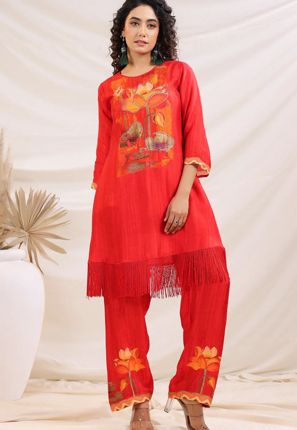 Digital Printed Art Silk A Line Kurta Set in Red