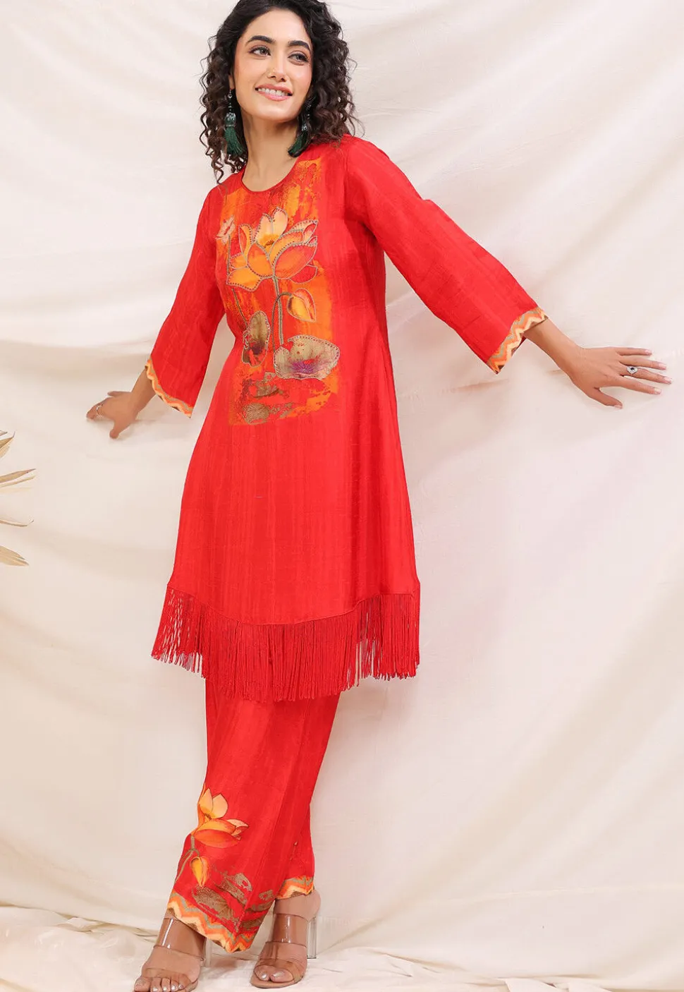 Digital Printed Art Silk A Line Kurta Set in Red