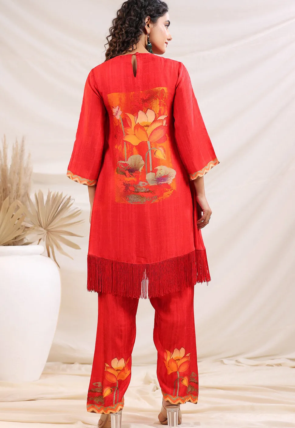 Digital Printed Art Silk A Line Kurta Set in Red