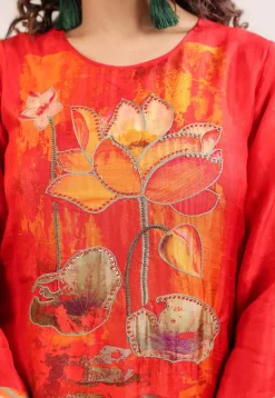 Digital Printed Art Silk A Line Kurta Set in Red