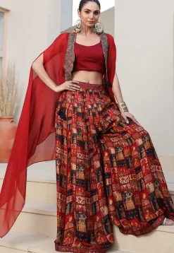 Digital Printed Art Silk Crop Top Set in Maroon