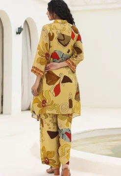 Digital Printed Art Silk A Line Kurta Set in Yellow