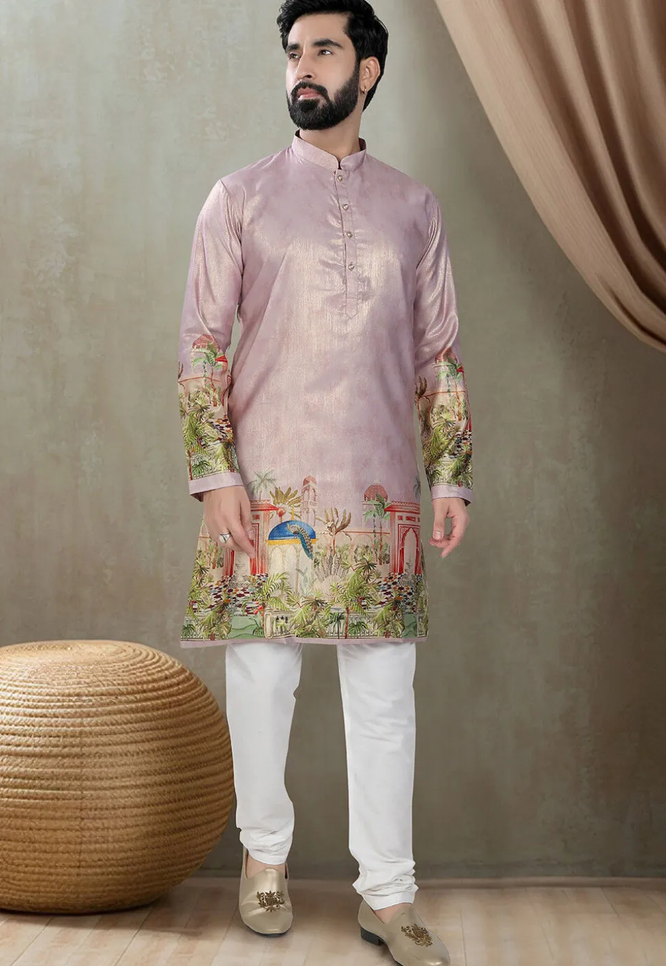 Digital Printed Art Silk Kurta Set in Purple