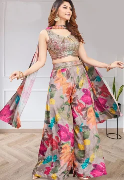 Digital Printed Art Silk Crop Top Set in Grey