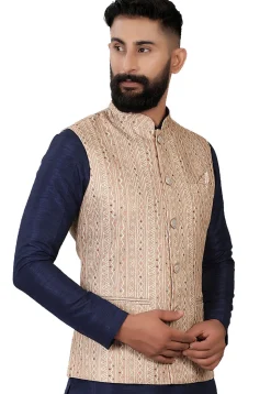 Digital Printed Art Silk Nehru Jacket in Beige
