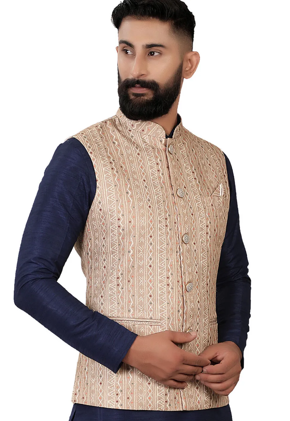 Digital Printed Art Silk Nehru Jacket in Beige