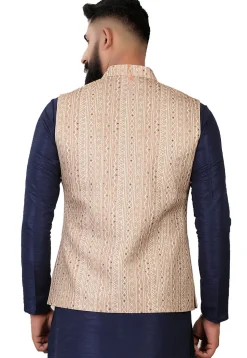 Digital Printed Art Silk Nehru Jacket in Beige