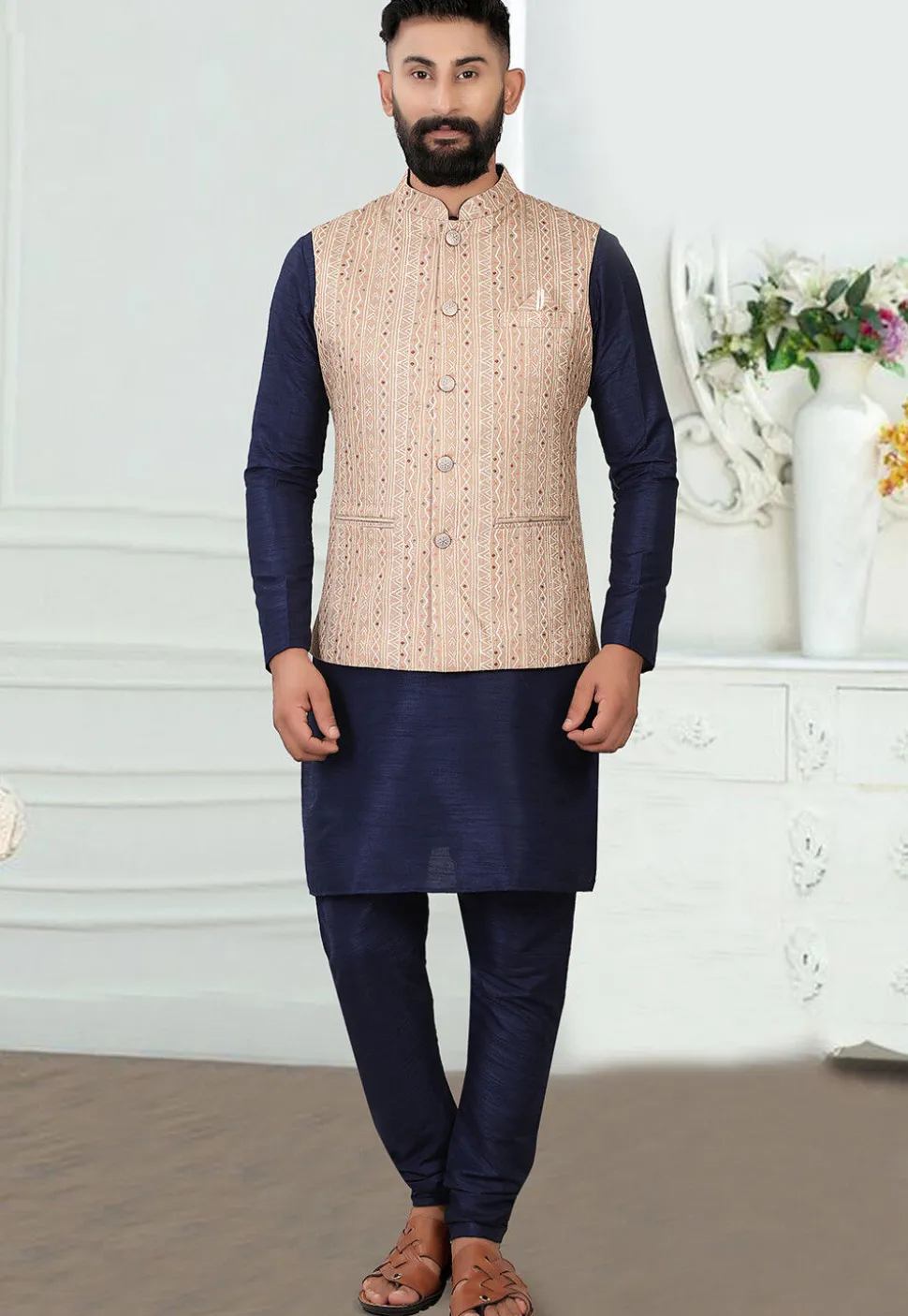Digital Printed Art Silk Nehru Jacket in Beige