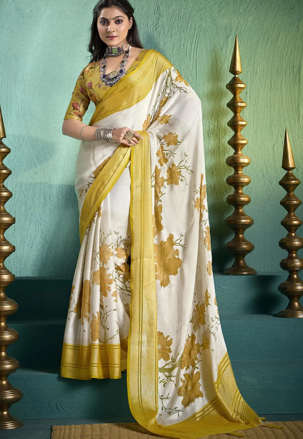 Digital Printed Art Silk Brasso Saree in Cream