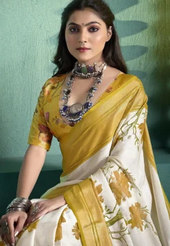 Digital Printed Art Silk Brasso Saree in Cream