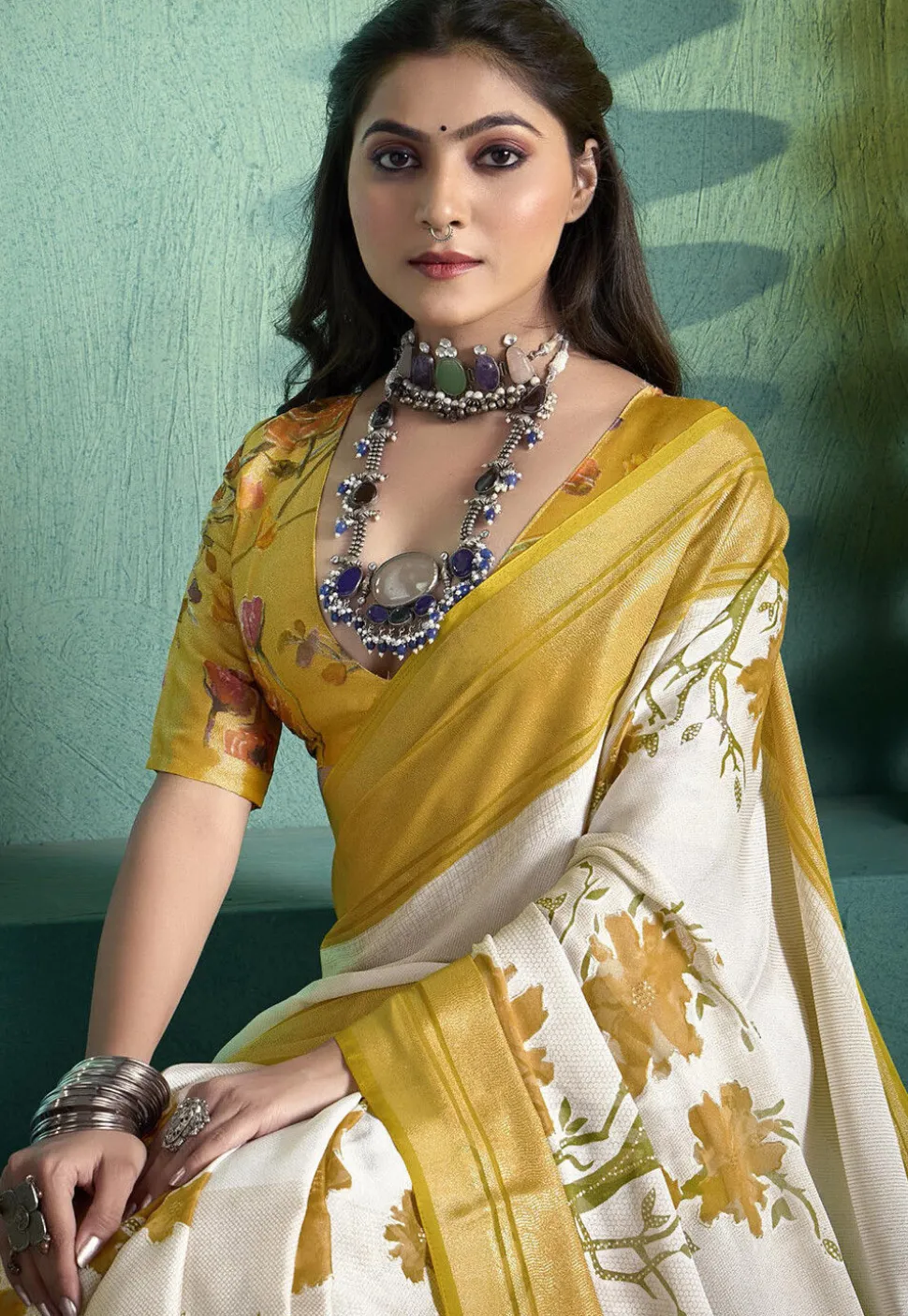 Digital Printed Art Silk Brasso Saree in Cream