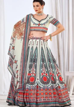 Digital Printed Art Silk Lehenga in Off White