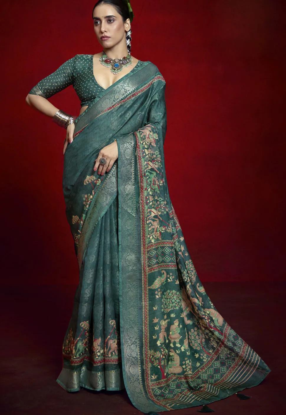 Digital Printed Art Silk Saree in Teal Blue