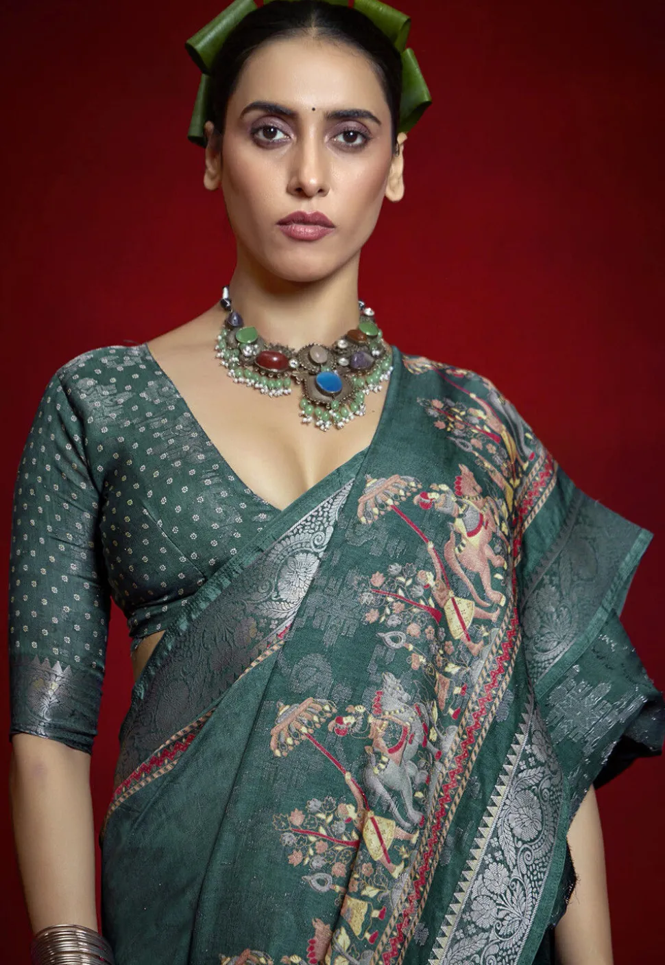 Digital Printed Art Silk Saree in Teal Blue