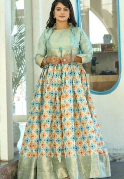 Digital Printed Art Silk Gown in Sky Blue