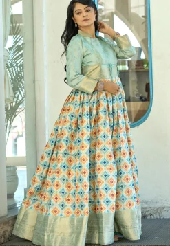 Digital Printed Art Silk Gown in Sky Blue