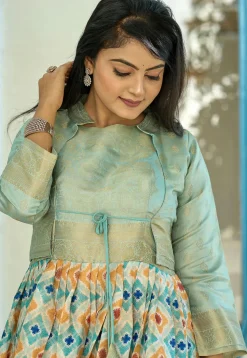 Digital Printed Art Silk Gown in Sky Blue