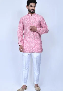 Digital Printed Art Silk Short Kurta Set in Pink