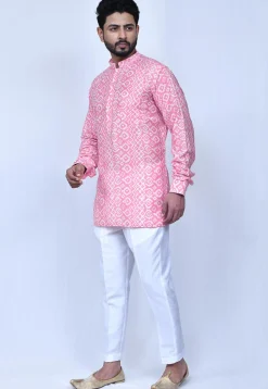 Digital Printed Art Silk Short Kurta Set in Pink