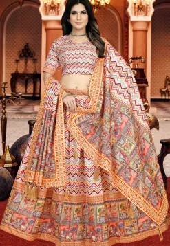 Digital Printed Art Silk Lehenga in Multicolor