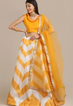 Digital Printed Art Silk Lehenga in Mustard and Off White