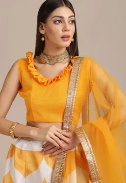 Digital Printed Art Silk Lehenga in Mustard and Off White