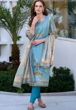 Digital Printed Art Silk Pakistani Suit in Light Blue