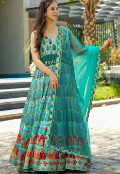 Digital Printed Art Silk Abaya Style Suit in Sea Green