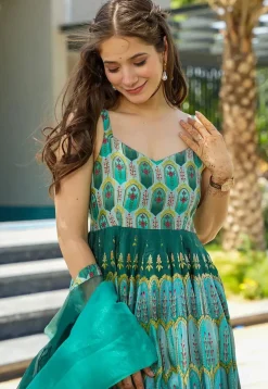 Digital Printed Art Silk Abaya Style Suit in Sea Green