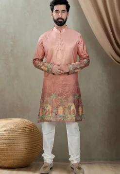 Digital Printed Art Silk Kurta in Peach