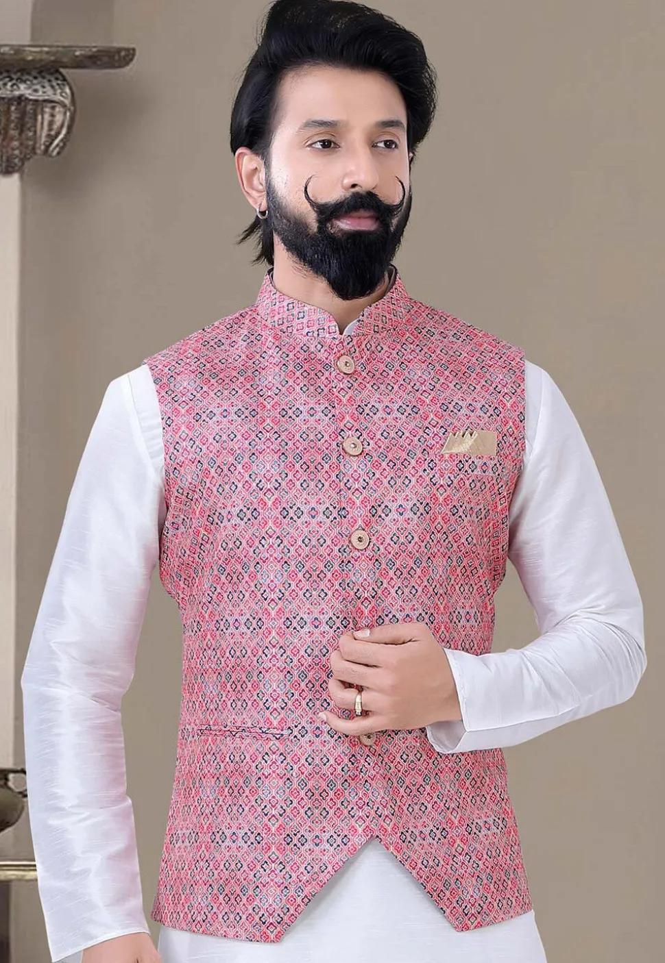 Digital Printed Art Silk Nehru Jacket in Pink