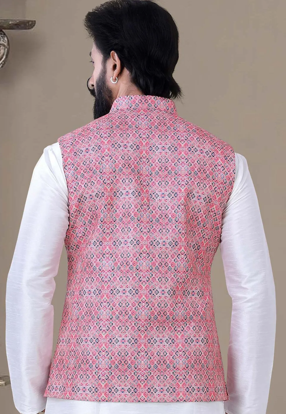 Digital Printed Art Silk Nehru Jacket in Pink