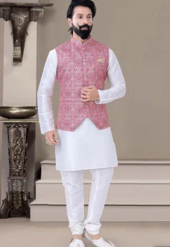 Digital Printed Art Silk Nehru Jacket in Pink