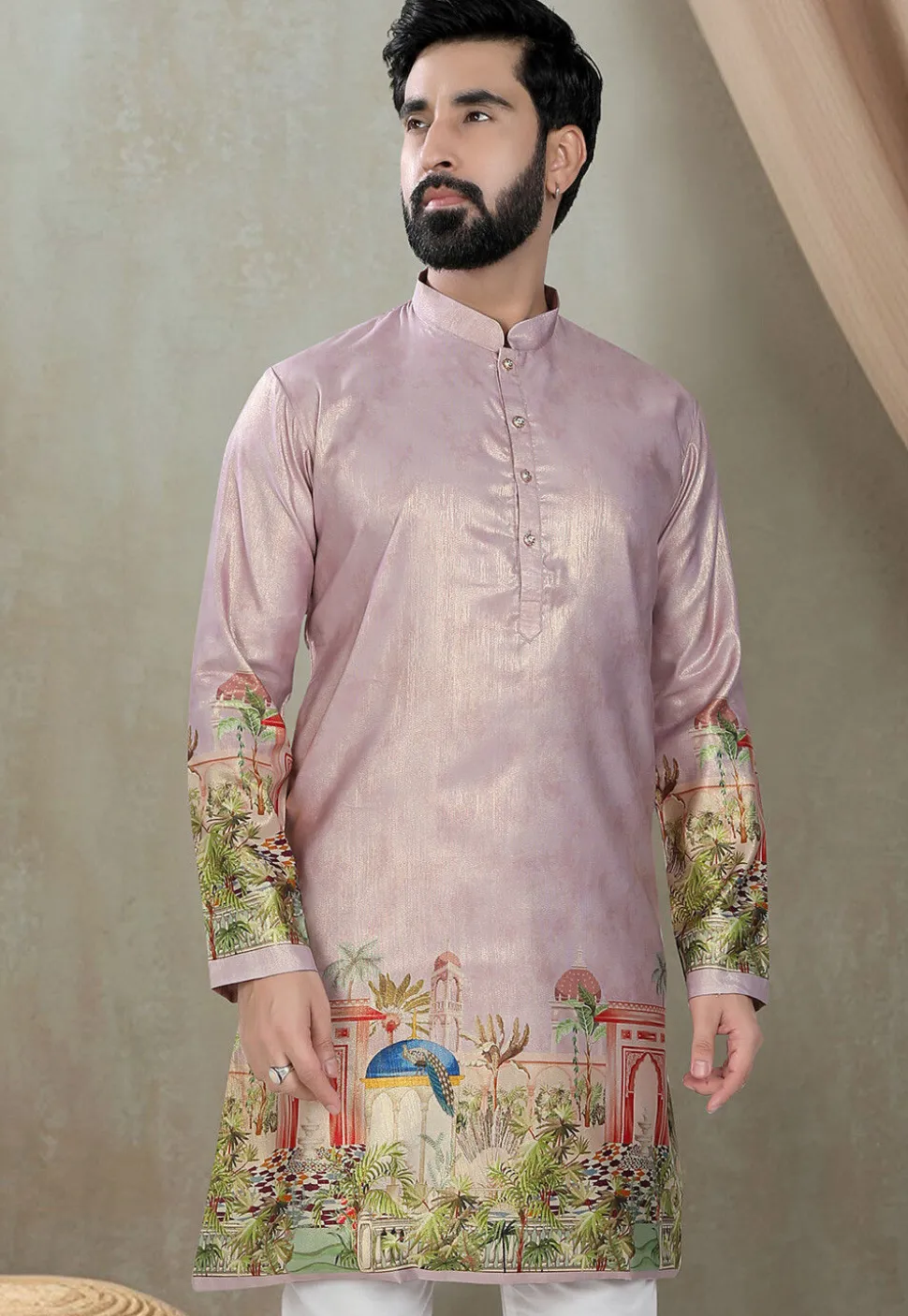 Digital Printed Art Silk Kurta in Purple
