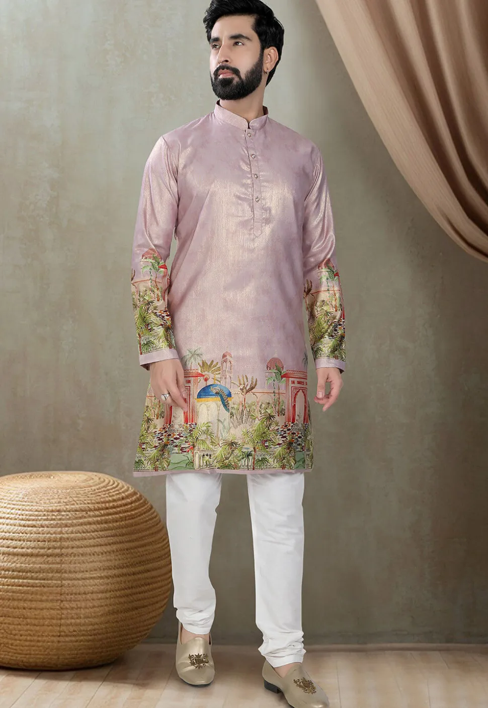 Digital Printed Art Silk Kurta in Purple