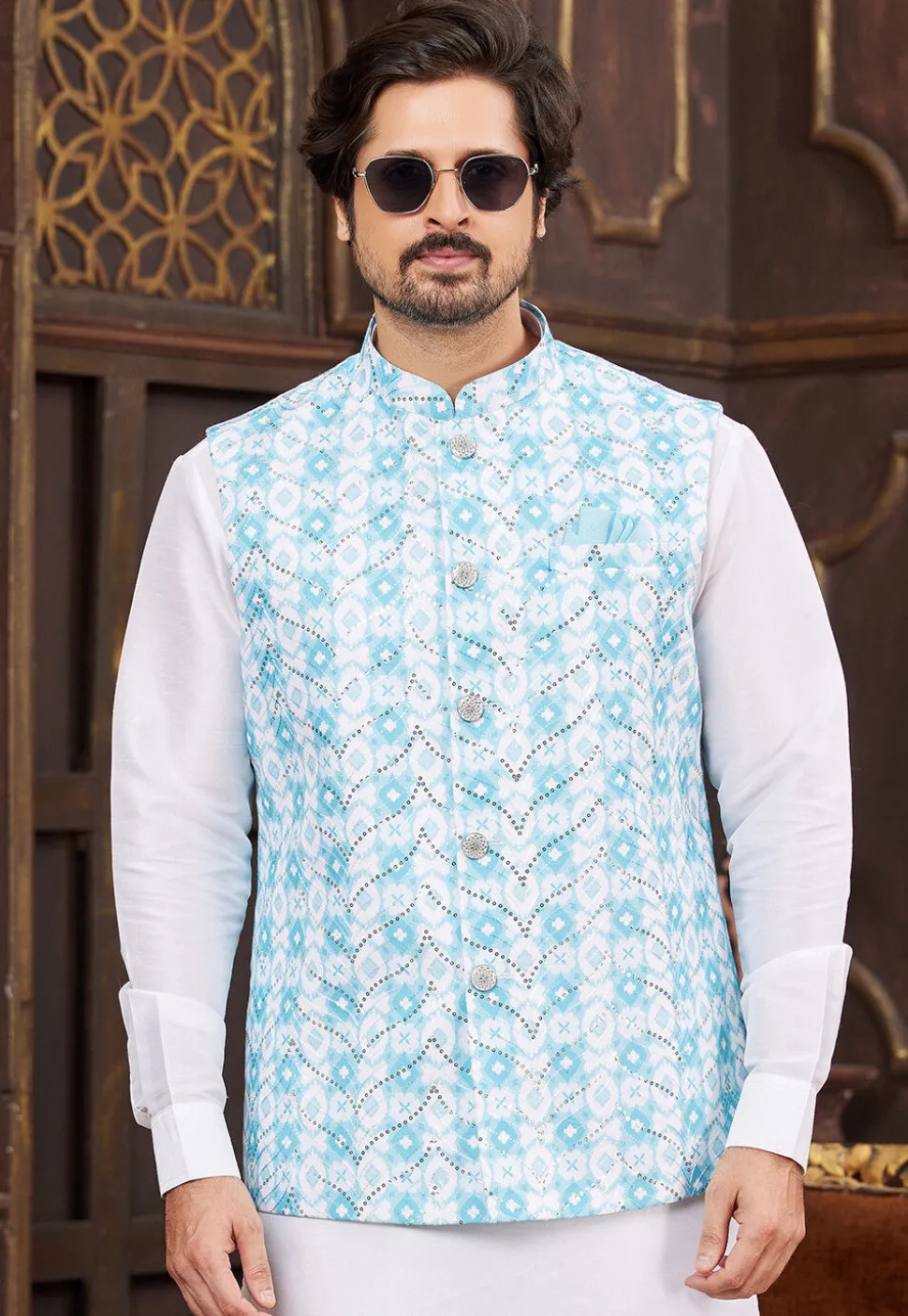Digital Printed Art Silk Nehru Jacket in Sky Blue