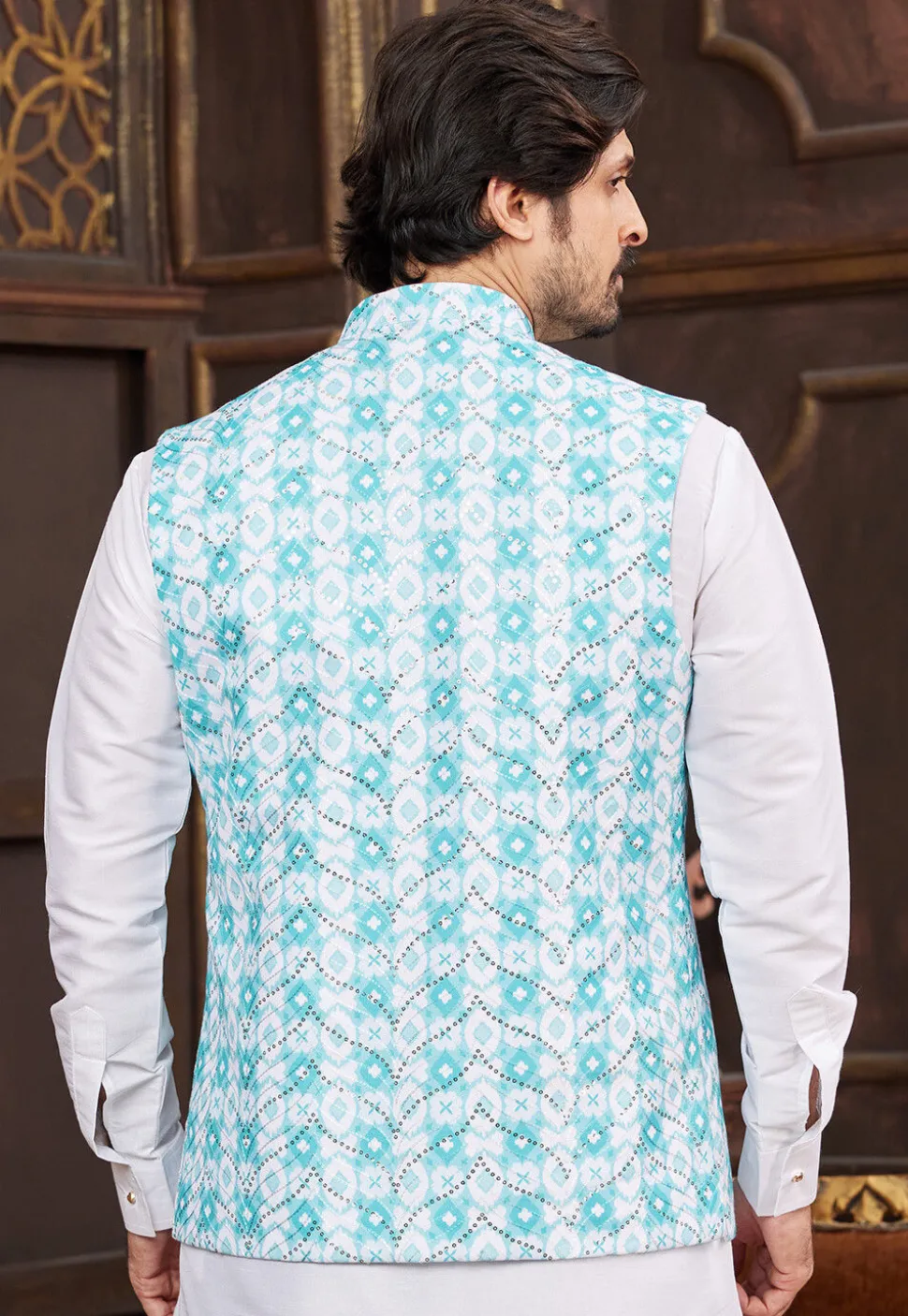 Digital Printed Art Silk Nehru Jacket in Sky Blue