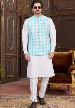 Digital Printed Art Silk Nehru Jacket in Sky Blue