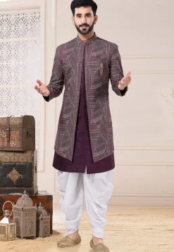 Digital Printed Art Silk Sherwani in Wine