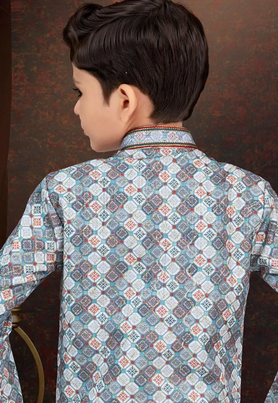 Digital Printed Art Silk Jacquard Sherwani in Off White and Multicolor