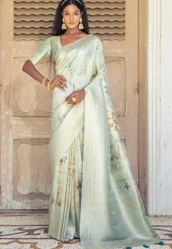 Digital Printed Art Silk Saree in Sea Green
