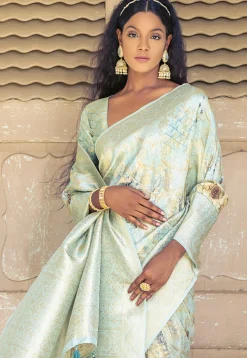 Digital Printed Art Silk Saree in Sea Green