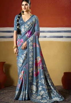 Digital Printed Art Silk Saree in Dusty Blue